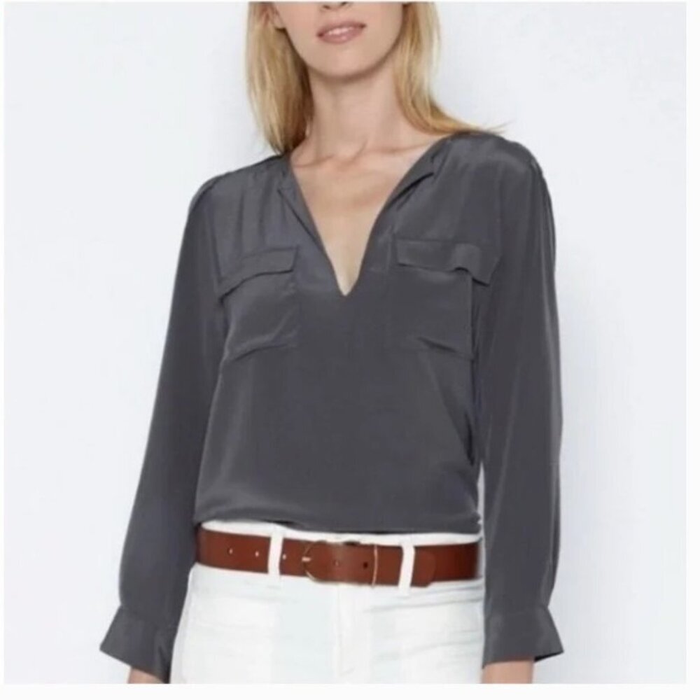 Joie 100% Silk Split V-neck Long‎ Sleeve Blouse Pocket Steel Color Size L